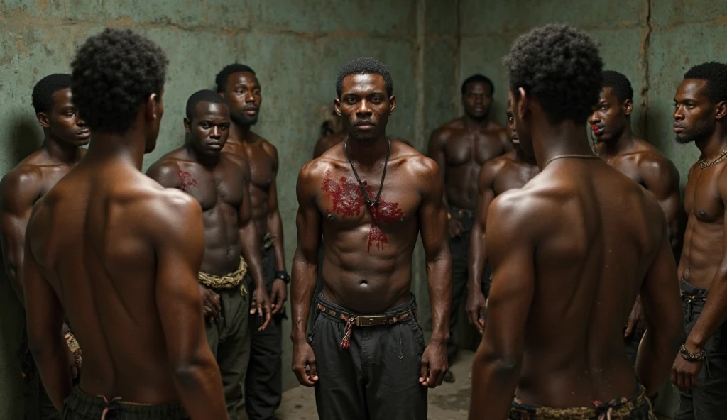 Three black men chained to the wall as slaves