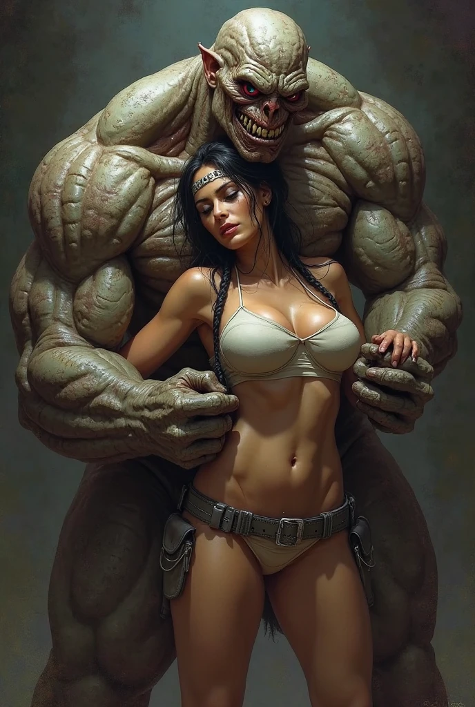 (masterpiece, best quality), 8k, portrait of Sophie Marceau, dark blue tank top, (((naked medium saggy breasts))), long hair, ((pubic hair)), vagina, (((assaulted by monsters:1.2))), ((she is beaten:1.2)), ((hit action movement effect)), (((aggressive monstrous men))), (((totally wasted))), (((surrounded))), (((head slapped))), (((vagina view))), (((thick cum squirt))), (((insanely big penis))), (((fast brutal movement effect:1.2)))
