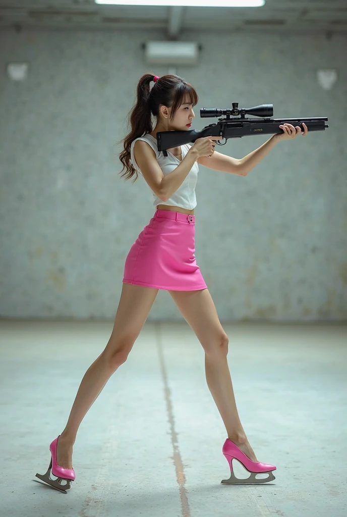 beautiful chinese office lady in mini skirt proning holding rifle aiming with legs spread shooting range target
