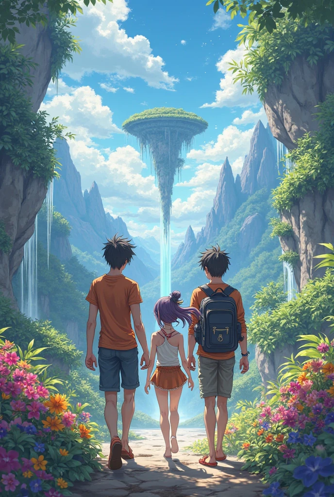 Two guys and one anime-style girl who go ahead and there's a beautiful world behind them