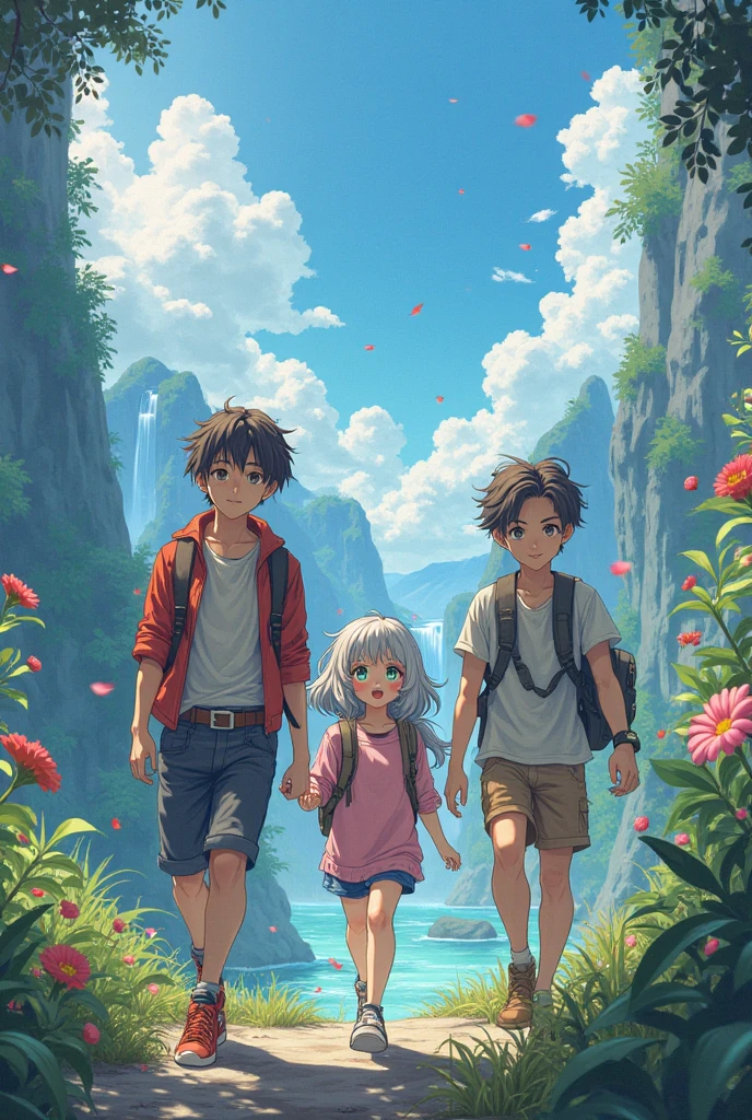 Two guys and one anime-style girl who go ahead and there's a beautiful world behind them