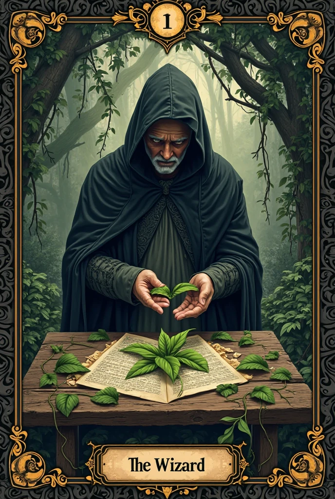 Mystical tarot card style illustration depicting “The Wizard”. A mysterious white man wears a dark black hooded cape that partially covers his face. He is standing behind a rustic wooden table, in a natural environment with a magical and dark atmosphere. on the table, cipo-mariri leaves and Banisteriopsis caapi leaves are arranged in a ritualistic pattern, symbolizing ancient wisdom and connection with the divine. Man holding leaves in his hands. The man's expression is concentrated, as if in the midst of a sacred ritual. Ao fundo,  dense forest with intertwined vines on the table and soft lights create an aura of hidden power. The image has deep, earthy tones, with an emphasis on black, dark green and golden touches. The card frame is engraved with esoteric symbols and stylized sheets. The number I and the title “The Wizard” appear at the bottom in a magical and ancient font.