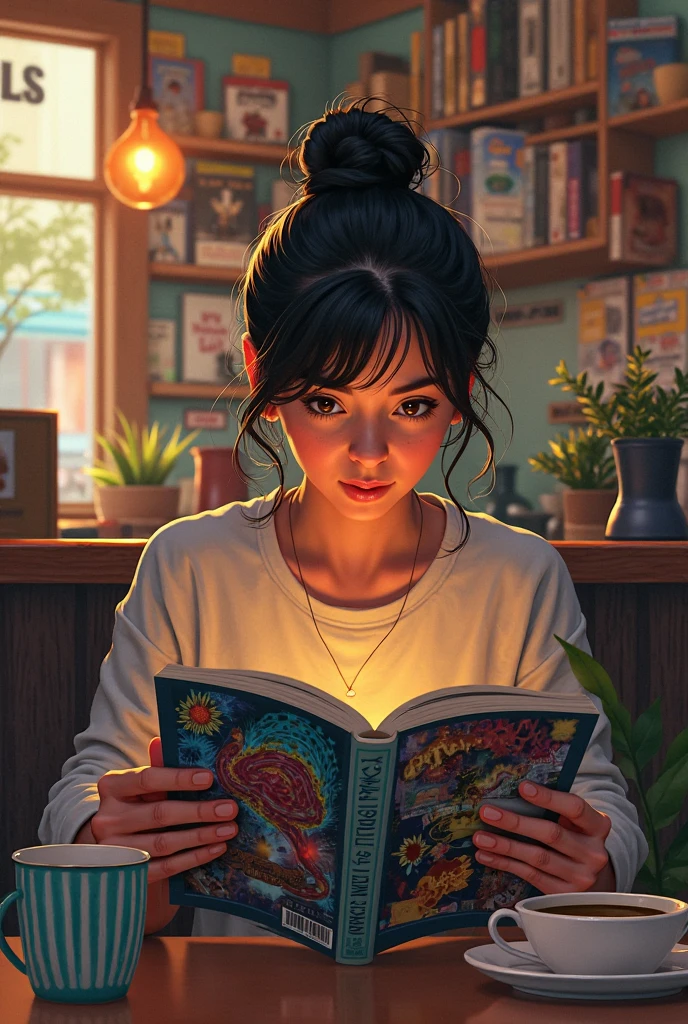 reading comic book while enjoying coffee at bookstore cafe