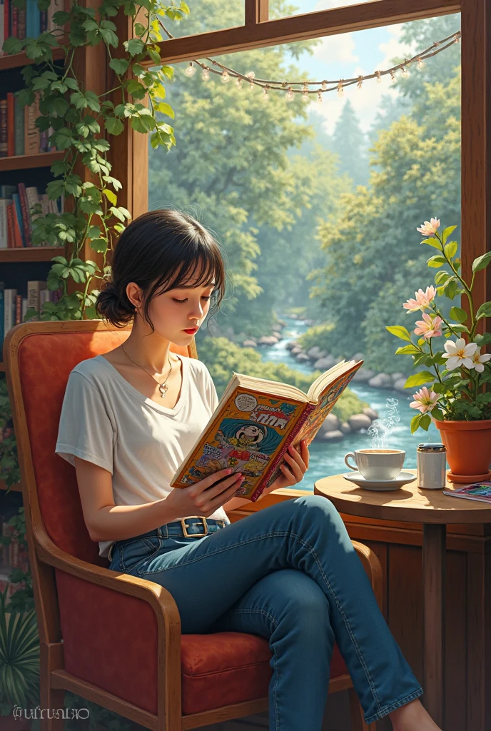 reading comic book while enjoying coffee at bookstore cafe and add some nature aesthetic background