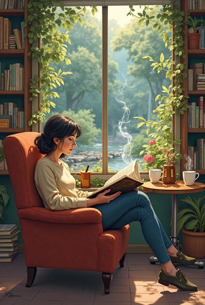 reading comic book while enjoying coffee at bookstore cafe and add some nature aesthetic background