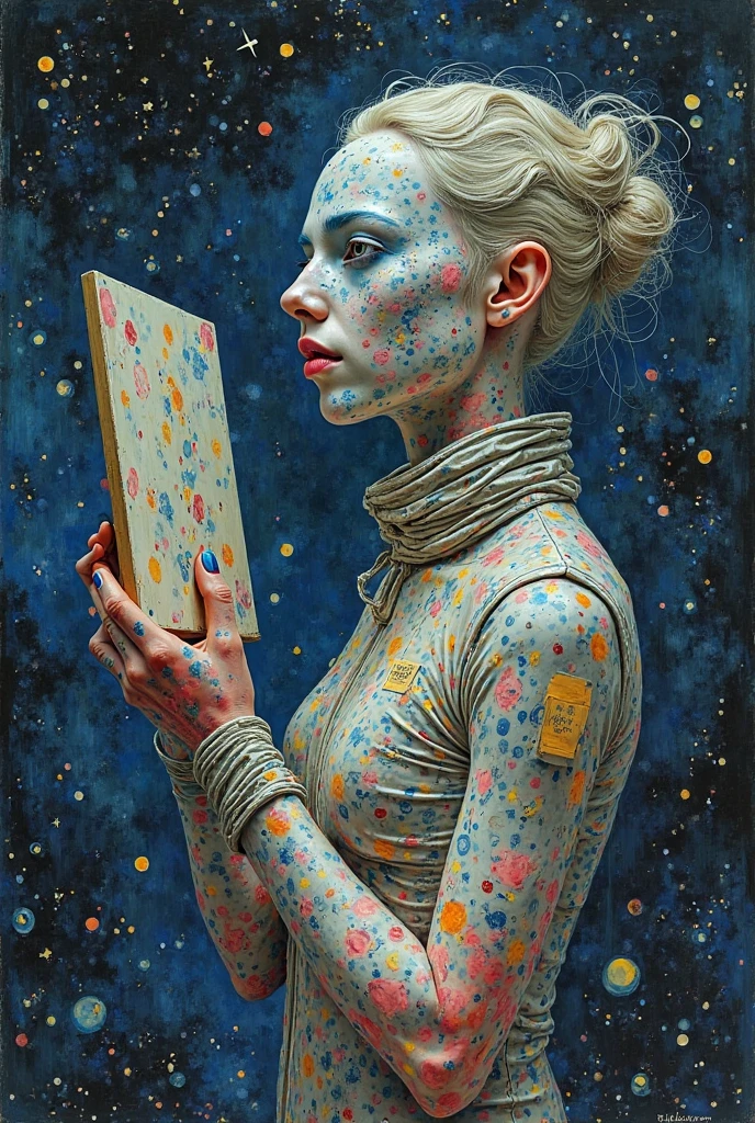 (Vincent van Gogh Style)An androgynous figure floating in deep space, Wear astronaut clothes, and stained with different paints, her body covered in translucent scales and constantly moving digital patterns. Her face is composed of small screens that project sketches and changing emotions, while holding a floating canvas that mutates with each thought.
