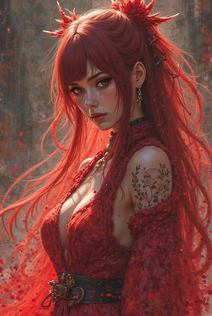 Lady,Red hair,dress,beautiful,anime,tattoo