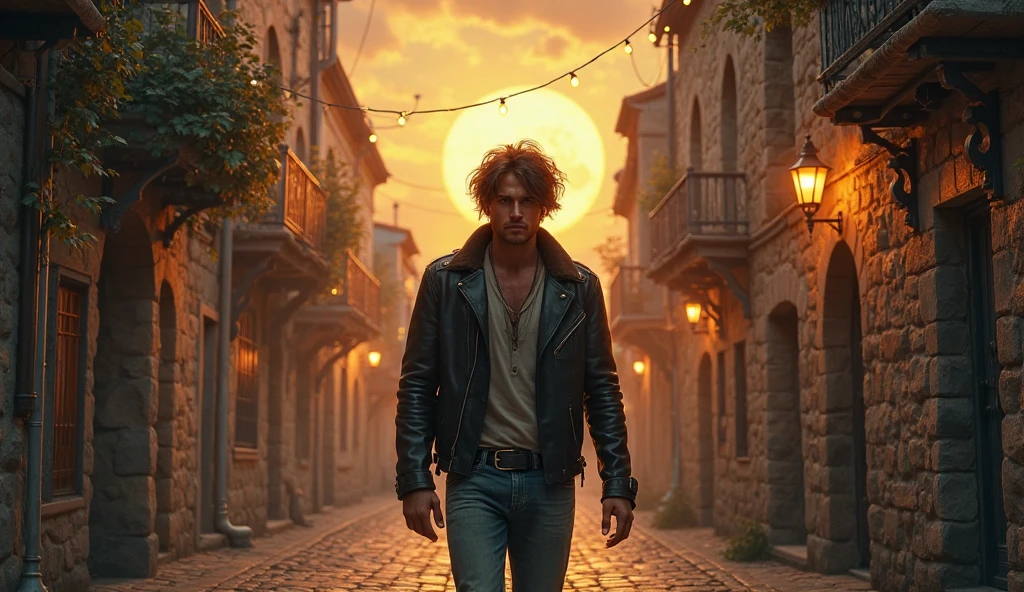 A handsome rocker guy wanders through the medieval streets at night The heart-shaped moon is shining