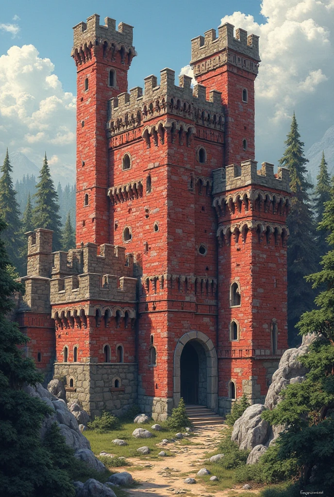 Minecraft red walls, spruce logs and brick designs 