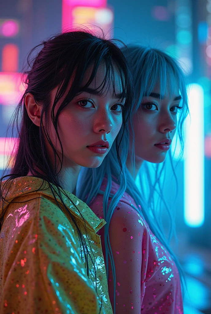 Create before and after photo of the futuristic singer Illie Eilish with neon colors