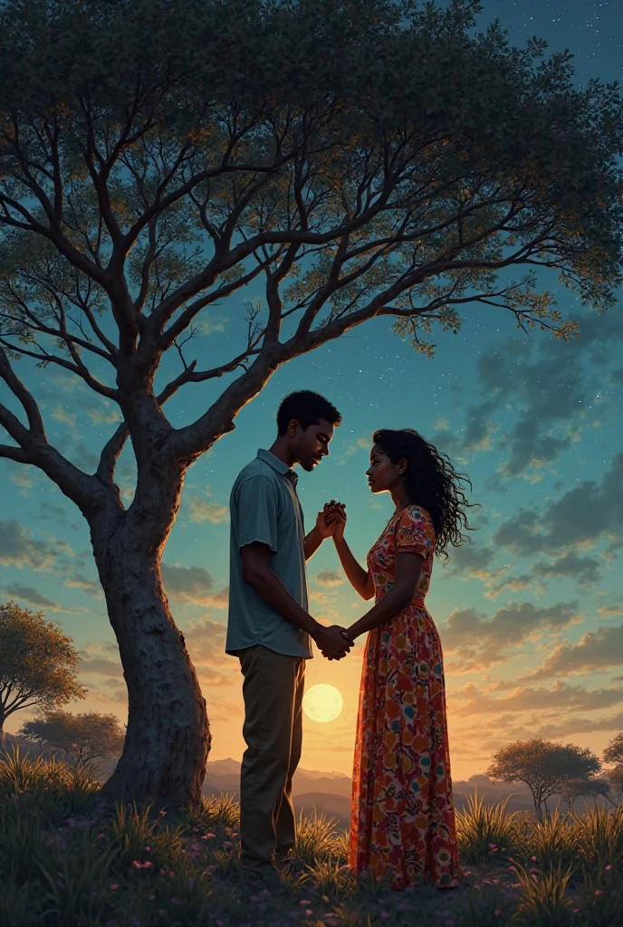 Romantic scene under an acacia tree at night, African couple in traditional clothing, holding hands, stars in the sky, dramatic lighting, emotional farewell atmosphere, touching moment.”
