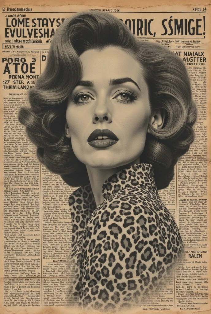 (High quality, masterpieces, Realistic and detailed depiction), wacky collage art, 1960s retro vibe, Faded paper texture, place a picture of a newspaper article showing the actress Dorothy Dandgre  in the center, old movie film, french movie, stylish, fashion, beautiful, artistic, retro, ((masterpiece:2.0))