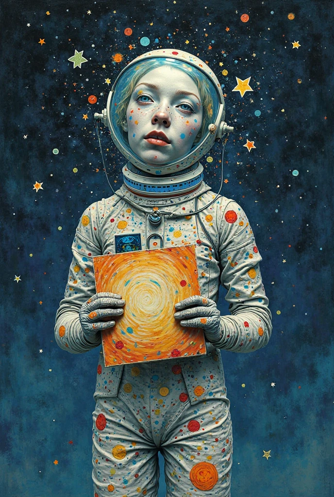 (Vincent van Gogh Style)An androgynous figure floating in deep space, Wear astronaut clothes, and stained with different paints, her body covered in translucent scales and constantly moving digital patterns. Her face is composed of small screens that project sketches and changing emotions, while holding a floating canvas that mutates with each thought.
