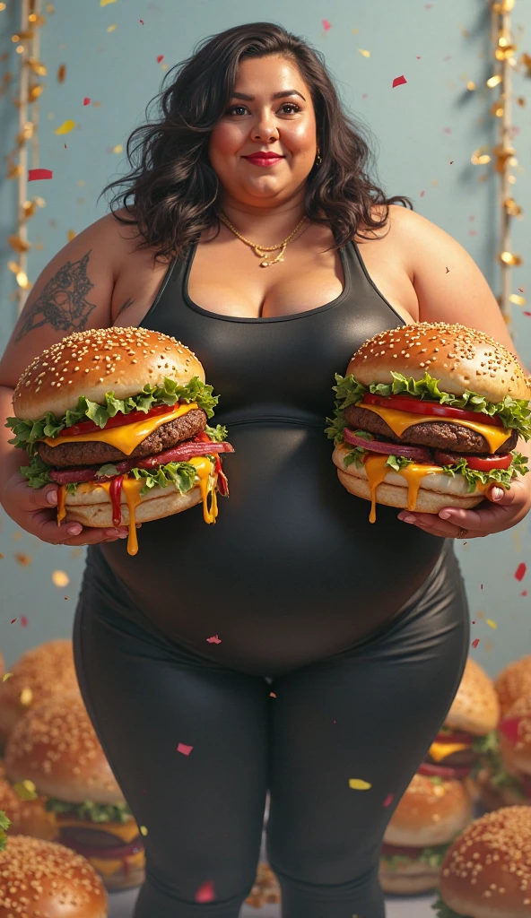 A split scene illustrating weight gain and weight loss: On one side, a person eating a large meal with visible high-calorie foods such as burgers, pizza, and soda, with a weight scale showing an increase in weight. On the other side, a person engaging in physical activities such as running or cycling, with a weight scale showing a decrease in weight.
