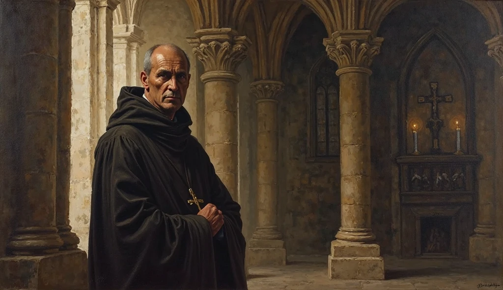 (an oil painting style image on canvas, Gothic style of:) Saint Ignatius of Loyola. place the saint in the left corner of the screen