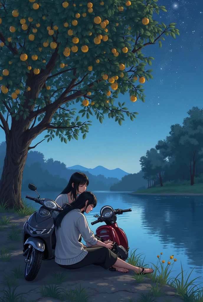 Create two women sitting on the edge of a river under a tree with yellow fruits, two women with black hair, and two motorcycles nearby, one black and the other red. The night is beautiful with a starry sky and the river in front of them very calm and serene, full of trees. One of them is lying on the other's shoulder, holding hands.