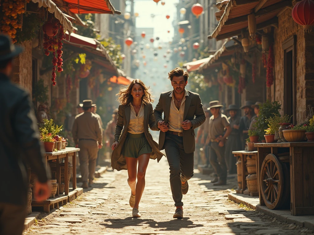 Ava and Max running down a narrow, bustling alley filled with market stalls and old wooden carts. People in period clothing look on in surprise as the two s flee. The shadowy figures are in pursuit.

