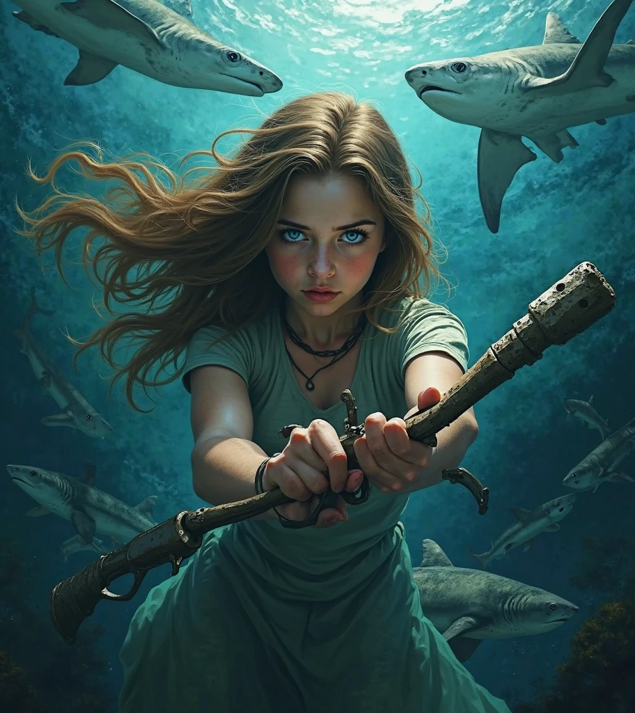 make me an illustration of a girl with blue eyes and brown hair in the wind, underwater surrounded by sharks and weapons in their hands
