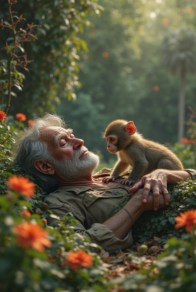 বৃদ্ধ মালি বাগানে কাজ করতে গিয়ে বেহুশ হয়ে যায়। বাদরটা গাছ থেকে নেমে এসে তার পাশে বসে থাকে, চুপচাপ গাল ছুঁয়ে দেয়।