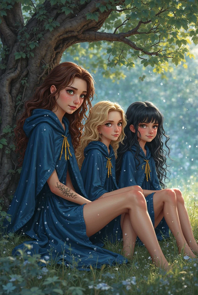 Three girls in dark blue capes sitting under a magic tree.
	• Aurora: pele clara, wavy brown hair, amber eyes, branch tattoo on her arm.
	• Celena: pele clara, blond hair, green eyes, sorrindo.
	•	Emery: pele negra, wavy black hair, gray-blue eyes, drops of water around. fantasy art