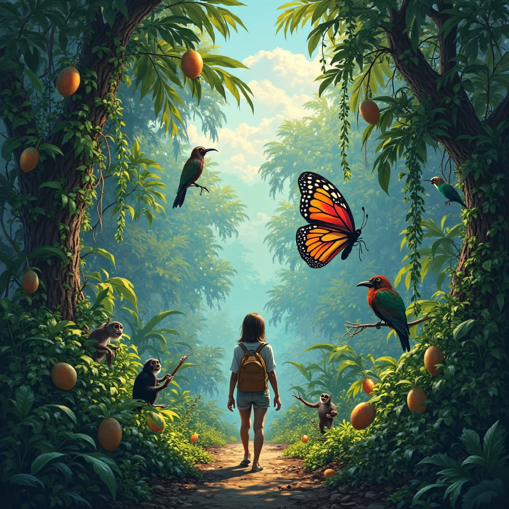 I walked into the jungle. I saw colorful birds, swinging monkeys, and even a giant butterfly! I found some yummy-looking fruit, like mangoes and bananas. ı need real photo