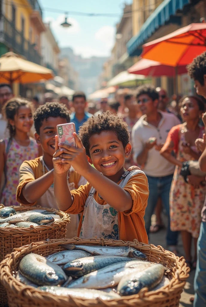 Make an image of a child of cists working with sales on the streets of rj