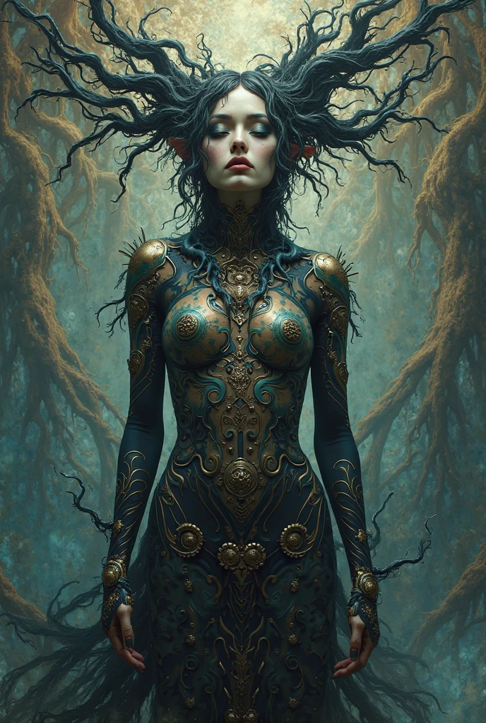 a close up of a woman in a forest with a tree, hyperrealistic luis royo, in style of luis royo, stunning 3d render of a fairy, luis royo and greg rutkowski, nekro iii, nekro xiii, stefan gesell, greg rutkowski and luis royo, hyperrealistic photo luis royo, biomechanical gaia --auto --s2
