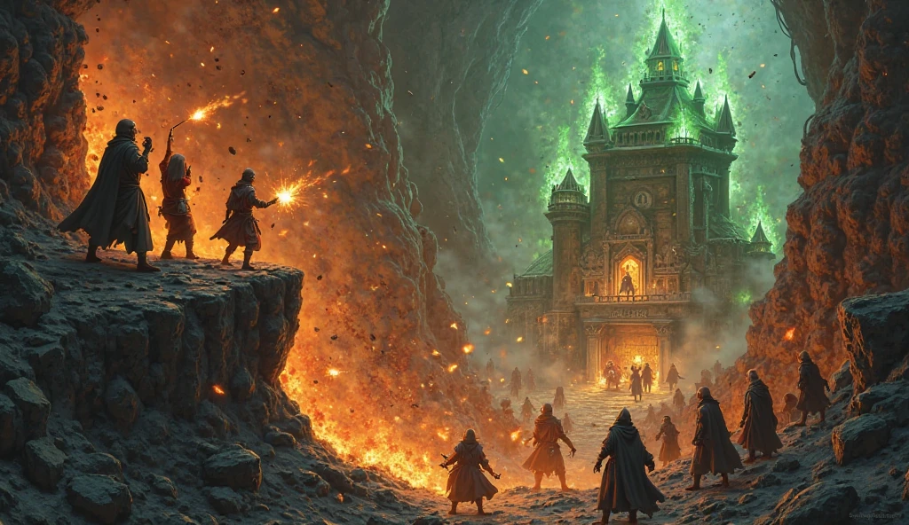 A dramatic fantasy scene inspired by classic Dungeons & Dragons. A group of five diverse adventurers stands atop a jagged stone ledge, mid-surprise attack, hurling flaming Molotov cocktails down into a massive underground cavern. Below them, two large, crude wooden shacks are engulfed in flames, with robed cultists screaming in panic as they pour out, some on fire, some drawing weapons. A third structure stands out—an elegant, ornate shack or small villa-like building with gothic architecture, glowing slightly with ominous magical wards. From this structure, a powerful, sinister wizard bursts forth, his robes billowing, face twisted in rage, launching glowing green necrotic magic upward at the attackers. Off to one side, a large prison pen holds frightened, disheveled prisoners who watch the chaos with wide eyes. The entire scene is lit by firelight, magical glow, and flickering shadows, giving it an epic, chaotic atmosphere. Highly detailed, cinematic lighting, dark fantasy art style