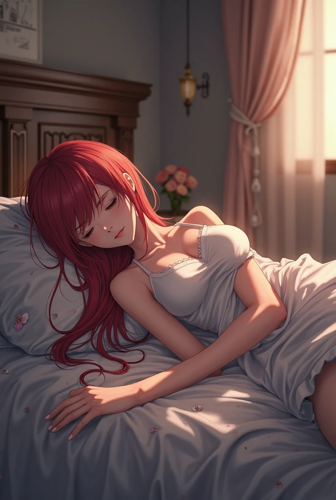 1 girl, Redhead, Facial hair, Red eyes, highest quality, Very detailed, The most delicate and beautiful, High resolution, (highest quality,4K,8k,masterpiece:1.2)、Sexy pose、Bedroom、erotic、Simple pajamas、Sexy clothes、Sexy clothes、bed、Are sleeping、