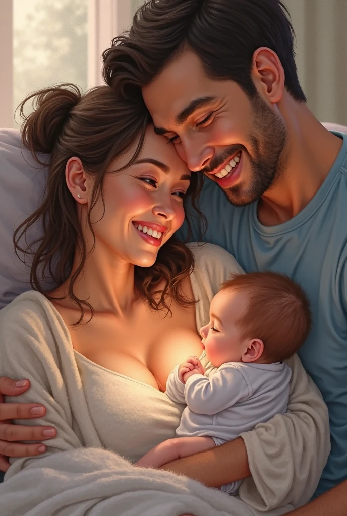 Giant busty woman is breastfeeding, bebê comely, fluffly, Bblack hair. blonder woman, medium hair, honey-colored eyes. Linda, sexly, dainty. Sitting next to her husband. man strong, Cao Cao, brawny, comely. Bblack hair, greeneyes.