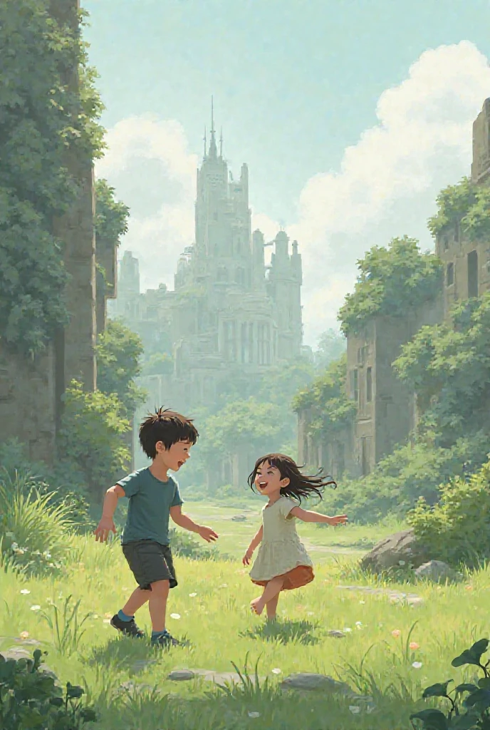 It is better to have destroyed buildings in the back, then green spaces, and then ren and men play happily