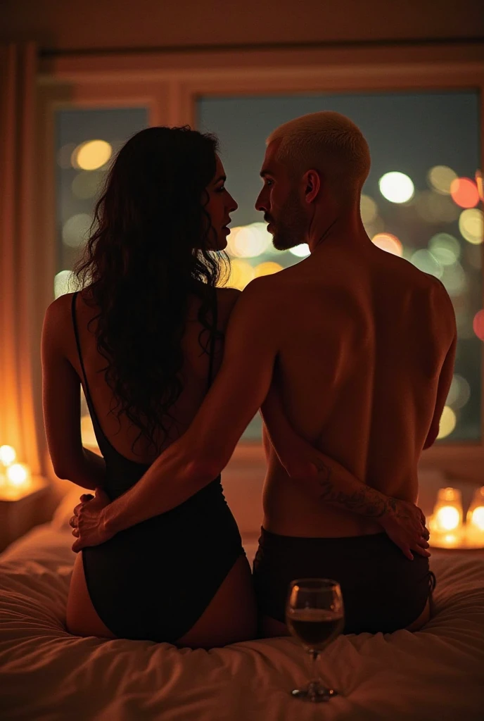 Indonesian couple. The man is a normal body (lying on the bed with his back showed), With The woman is huge breasted wear knee-lenght sleeveless nightgown sit on the man crotch, (woman on top position). The luxurious bedroom is decorated with a mosquito net with RGB neon backlight as a background detail, Look at the viewer, natural light, realistic photography, wide angle shot from side.