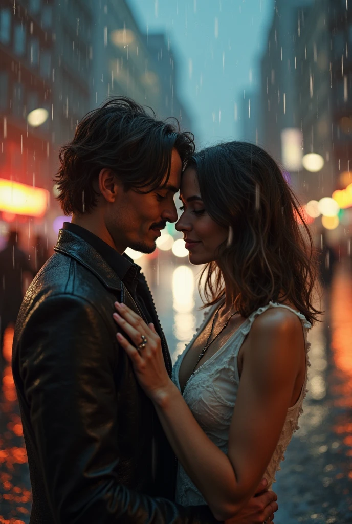 raw Photo,cinematic film still,(((detailed facial features))),(very detailed skin:1.2),realistic details,
amazing quality,simulated film particles,wallpaper,analog film grain,detailed character expressions,full_shot,ass_focus,from_below,
(masterpiece, 8k, ultra realistic, perfect lighting, photography from above:1.5),light red and blue,
At night, on the streets of a city with heavy rain, a young man and a young woman were tightly hugging each other. The man and woman were kissing passionately, and the street lamp shone on them. The wind messed up the hair of the man and woman. The man's expression was very excited, and the woman's expression was very excited. The man held the woman with all his strength, and the woman also held the man with all her strength. The man bent down to kiss passionately, and the woman looked up to kiss the man. The projection was beautiful and spectacular.
<lora:sd_xl_dpo_lora_v1:0.4>,