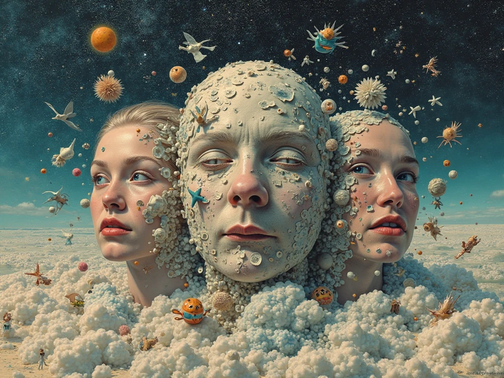 A surreal collage of human faces, handwritten notes, satellite images and hood toys, all melting and merging together, suspended in a digital ocean under a starry sky of floating algorithmic symbols.