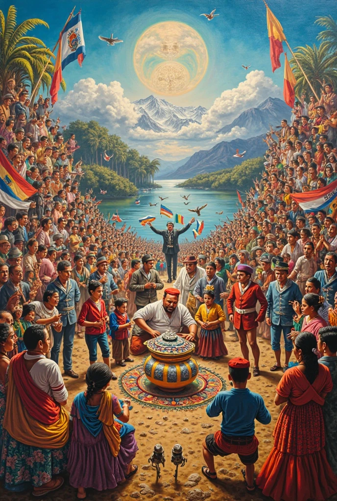 A colorful painting with historical characters, Landscapes, dances and patriotic symbols for the bicentennial of Bolivia 