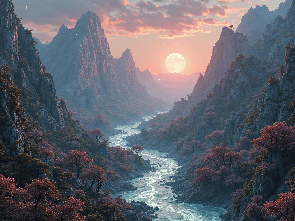 An alien landscape where mountains are made of circuit boards, rivers flow with liquid light, and trees grow microchips instead of leaves, all bathed in twilight with binary stars.