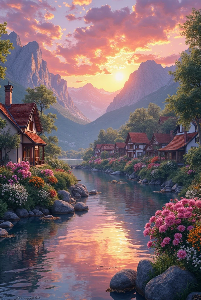 A small village by the river, color of the mountain in the background, colorful flower flowers, detailed landscape, beautiful natural scenery, atmospheric lighting, scorching sunset, warm colors, Practical, фотоPractical, detailed foliage, complex buildings, paved street, charming country house, swirl bright colors, lush vegetation, reflections on water, picturesque, idyllic, artwork, the best quality, 8k, very detailed, anime styling