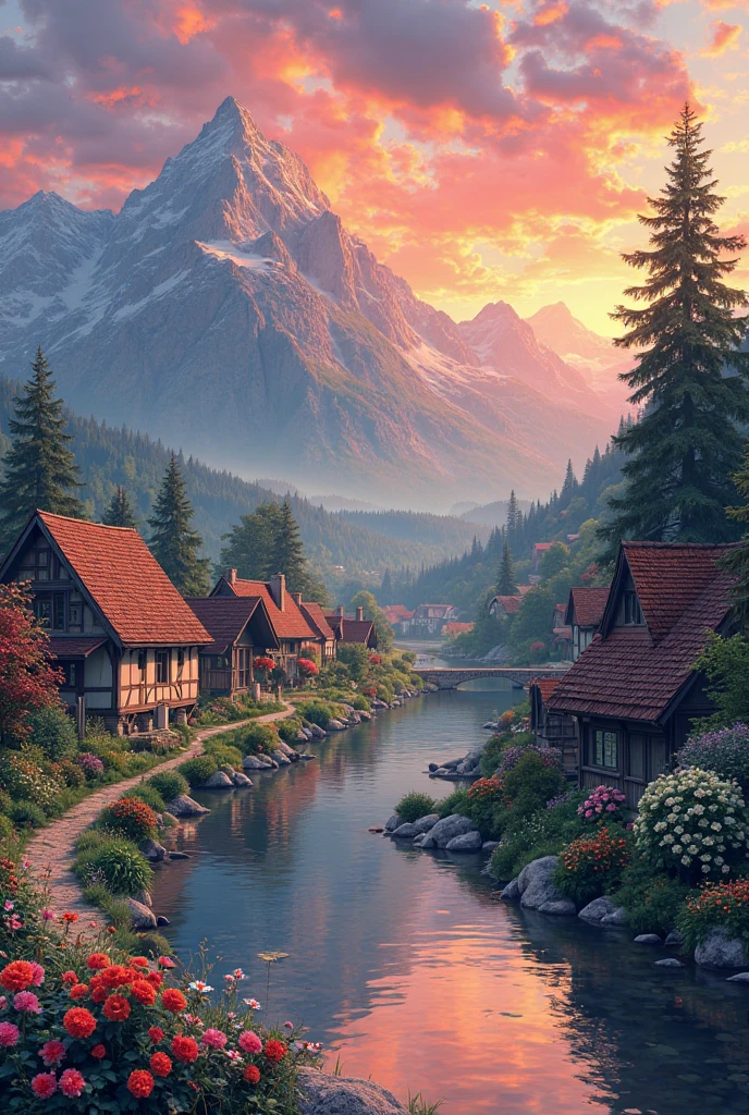A small village by the river, color of the mountain in the background, colorful flower flowers, detailed landscape, beautiful natural scenery, atmospheric lighting, scorching sunset, warm colors, Practical, фотоPractical, detailed foliage, complex buildings, paved street, charming country house, swirl bright colors, lush vegetation, reflections on water, picturesque, idyllic, artwork, the best quality, 8k, very detailed, anime styling