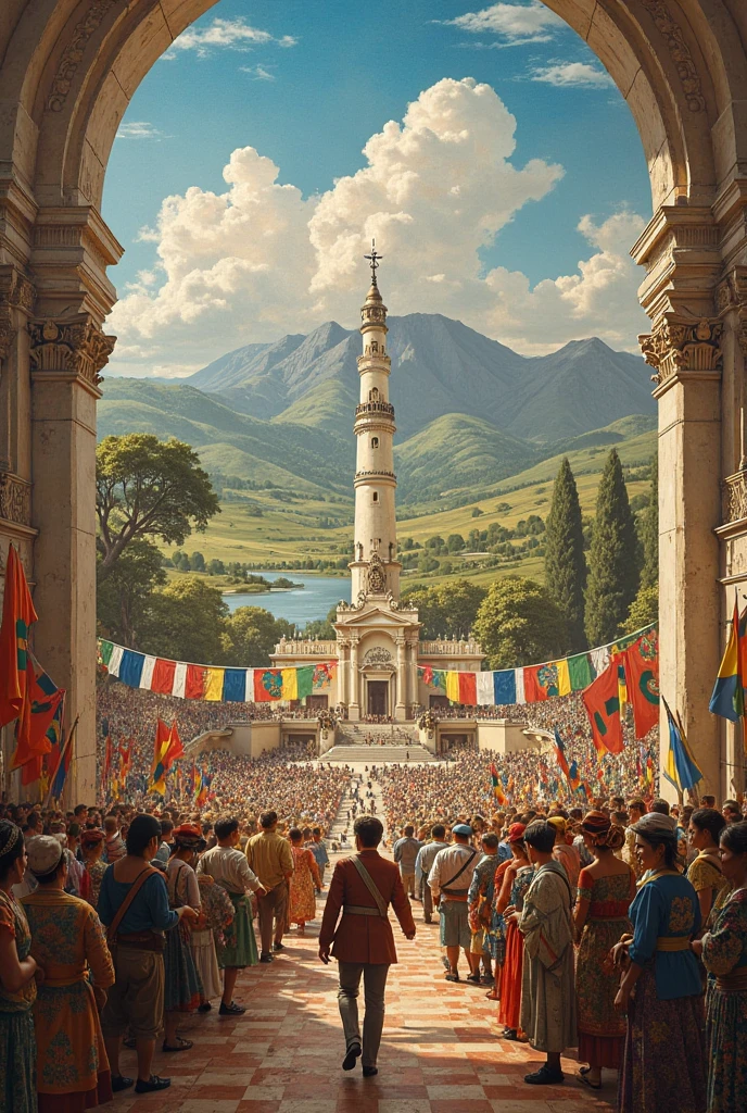 A painting with historical figures, Landscapes, dances and patriotic symbols for the bicentennial of Bolivia 