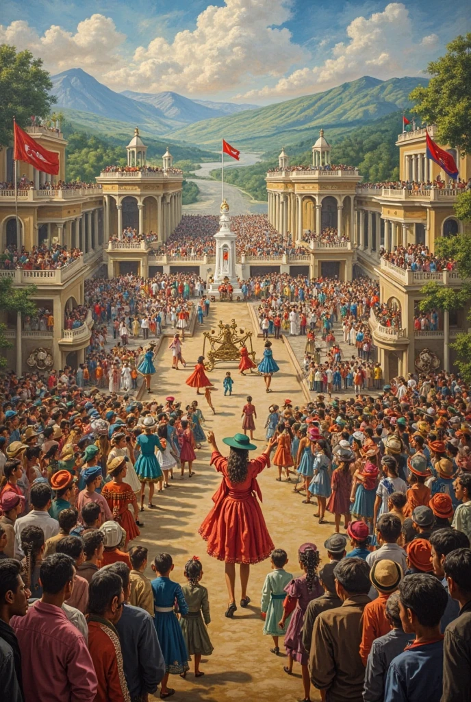 A painting with historical figures, Landscapes, dances and patriotic symbols for the bicentennial of Bolivia 