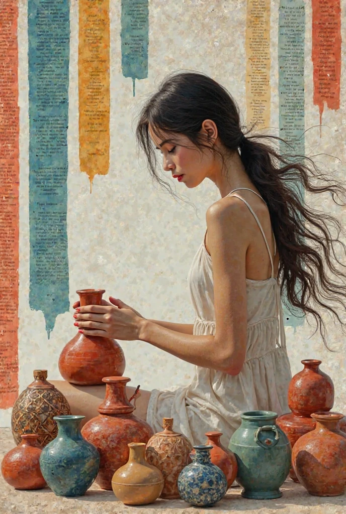 A woman modeling a clay pot, several strips of colored magazine text cut into the scene, and some vases presented in front. 