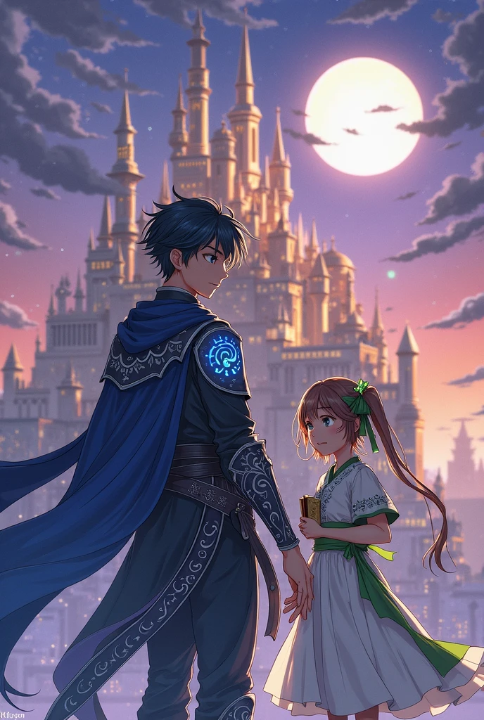 1. Hero Description - Hiroki:

Age: 

Physique: Athletic and slender, average height (approximately 175 cm), slightly fair skin.

Hair: Dark black, short, slightly disheveled, and blowing in the wind.

Eyes: Bright blue, radiating strength and determination, with a hint of mystery.

Clothing: Dark, midnight-blue magical cloak, decorated with silver mana symbols. Light armor covers the shoulders and ?????.

Tattoos: On her right hand, a blue spiral tattoo that glows when she uses mana.

Stance: Standing confidently, extending her hand forward, a blue mana glow emanating from her palm.

---

2. Sister Description - Hana:

Age: 

Physique: A slender girl with an angelic face and wide eyes.

Hair: Light brown, long, reaching her lower back, tied with a green ribbon.

Eyes: Emerald green, radiating innocence and curiosity.

Clothing: A light white and green dress, inspired by the dresses of the magical kingdoms. She carries a small, ancient book.

Tattoo: A green butterfly on her forehead, glowing softly.

Situation: Standing beside her brother, looking at him with admiration, her hand extended as if sensing mana.

---

3. Palace Description - Background:

Location: High in the sky, floating above the clouds.

Form: A massive, pearly-white palace with numerous towers shining with the glow of mana.

Engravings: Golden ornaments and ancient talismans illuminate the walls.

Background: A sky in shades of purple and gold, glowing clouds, and a bright moon.

Scene: The palace floats behind them, the tattoos glowing, as if a great destiny is awakening.
