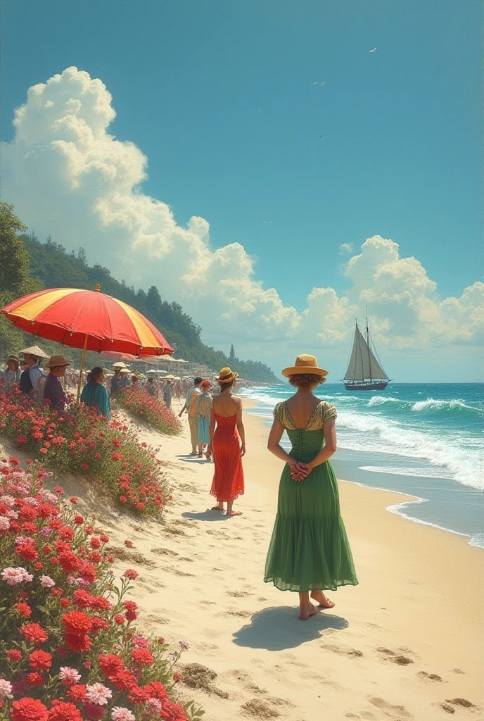 Photo d'un magnifique phare coloré de toute les couleurs sur une magnifique plage de sable remplie de belles fleurs et de magnifiques pins parasols partout, avec des hommes et femmes habillés en vêtements et chapeaux colorés des années 1900, avec la mer à côté et des magnifiques voiliers colorés de toute les couleurs, sur la mer, proche du bord, et un ciel bleu sans nuages avec des mouettes dans le ciel. Vision hyper réaliste et panoramique et en hauteur et en respectant les proportions 