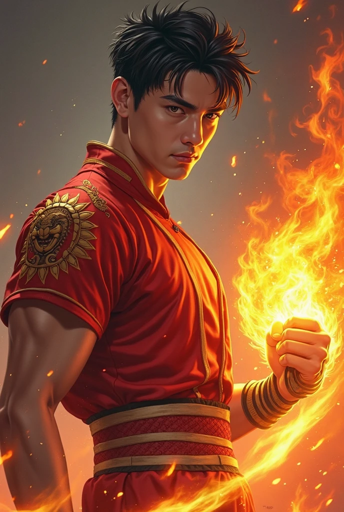 Sun Suriya, a fighter of the Erawan Guild of Hunters, Bangkok branch, is a young, hot-blooded boxer who turned into a monster hunter. He is a tall man with a thick face, handsome, tanned skin, dark eyebrows, a prominent nose, short black hair. THE FIERY RED SHORT-SLEEVED FIGHTER DRESS WITH A TRIPLE ELEPHANT PRINT ON THE RIGHT SHOULDER HAS A SUN-SHAPED TATTOO THAT CONVEYS HIS POWER. " Solar Fire Fist " He can sting, kick demons with martial arts skills, Muay Thai, his arms and legs, fight time will blaze with flame