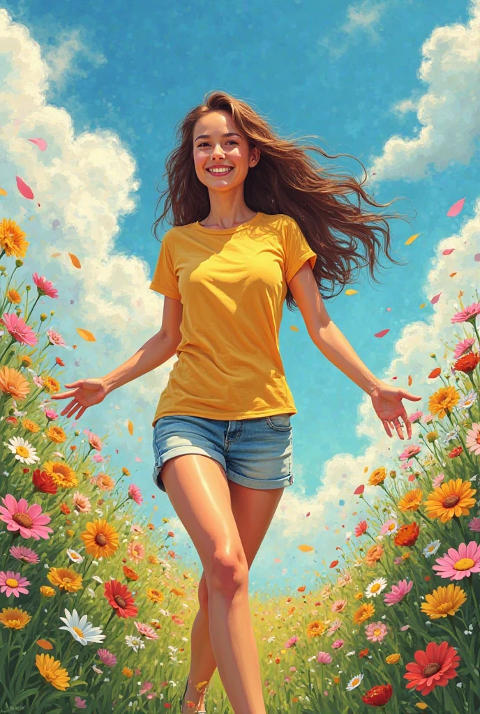  girl yellow t-shirt Shor Celeste scorching a happy women woman dressed in flowers