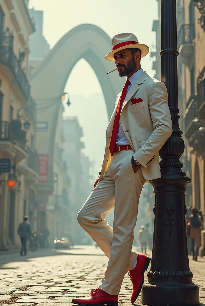 man in white suit red tie and white hat with red ribbon, Red shoe, smoking cigarettes, Leaning against the lamp post, neblina, In the background the arches of Lapa Rio de Janeiro,