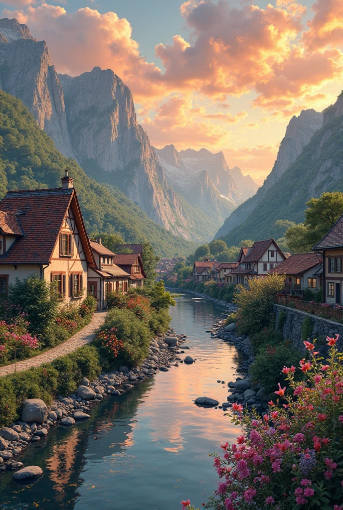 a small village by the river, mountains in the background, floral flowers colorful, detailed landscape, Beautiful natural landscapes, atmospheric lighting, scorching sunset, warm colours, practical, photopractical, Detailed Foliage, complex buildings, cobblestone street, Charming country house, swirly vibrant colors, lush vegetation, Still water reflections, Picturesque, idyllic, work of art, best qualityer, 8k, extremely detaild,anime styling