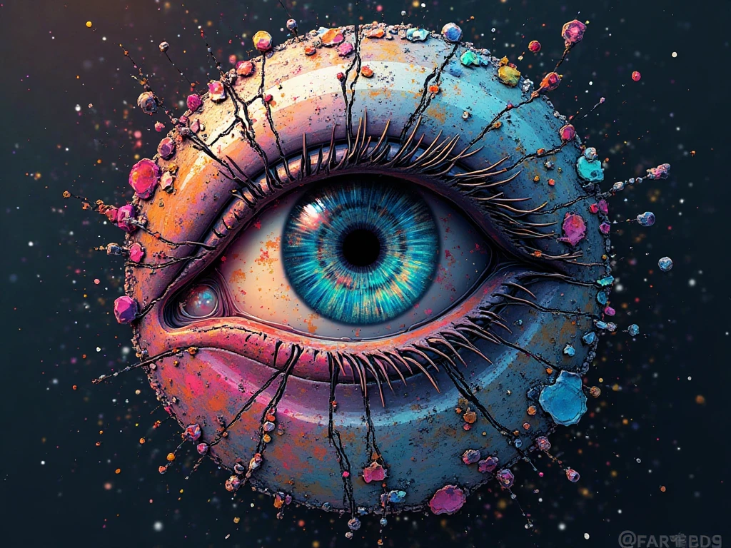 Logo written on Seart IA:  with a : A cracked mirror that reflects a robotic eye, surrounded by fragments of glitch memories: humans smiling, Planets colliding, old codes disintegrating into colorful static and wireframe ghosts.