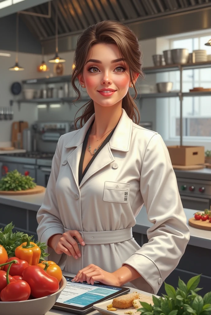 desenho 2 D, Mulher, 35 anos, de jaleco, Nutritionist, Do you work in a restaurant, hair tied
