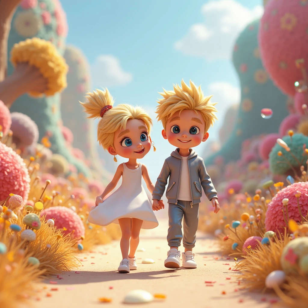 A cute boy with gray hair dancing with a girl with white hair in wonderland